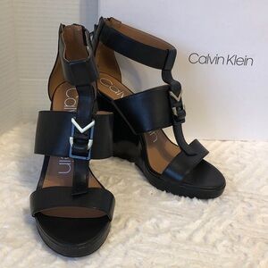 Black Leather 4.5” Wedge Heels, Leather Triple Strap with Gold Tone Accent, 9M.